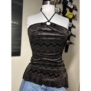 Vintage y2k velour Unit Womens Black Gold Glitter Halter Top Chevron Ring Neck